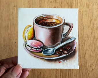 Cup Coffee and Dessert Painting Original Art Wall Decor Home Gift Small Artwork