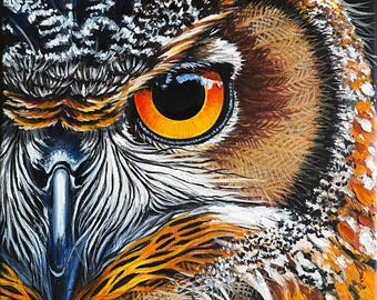 Original Owl Oil Painting: Colorful Bird Portrait, Canvas Wall Art (16x12 inches)
