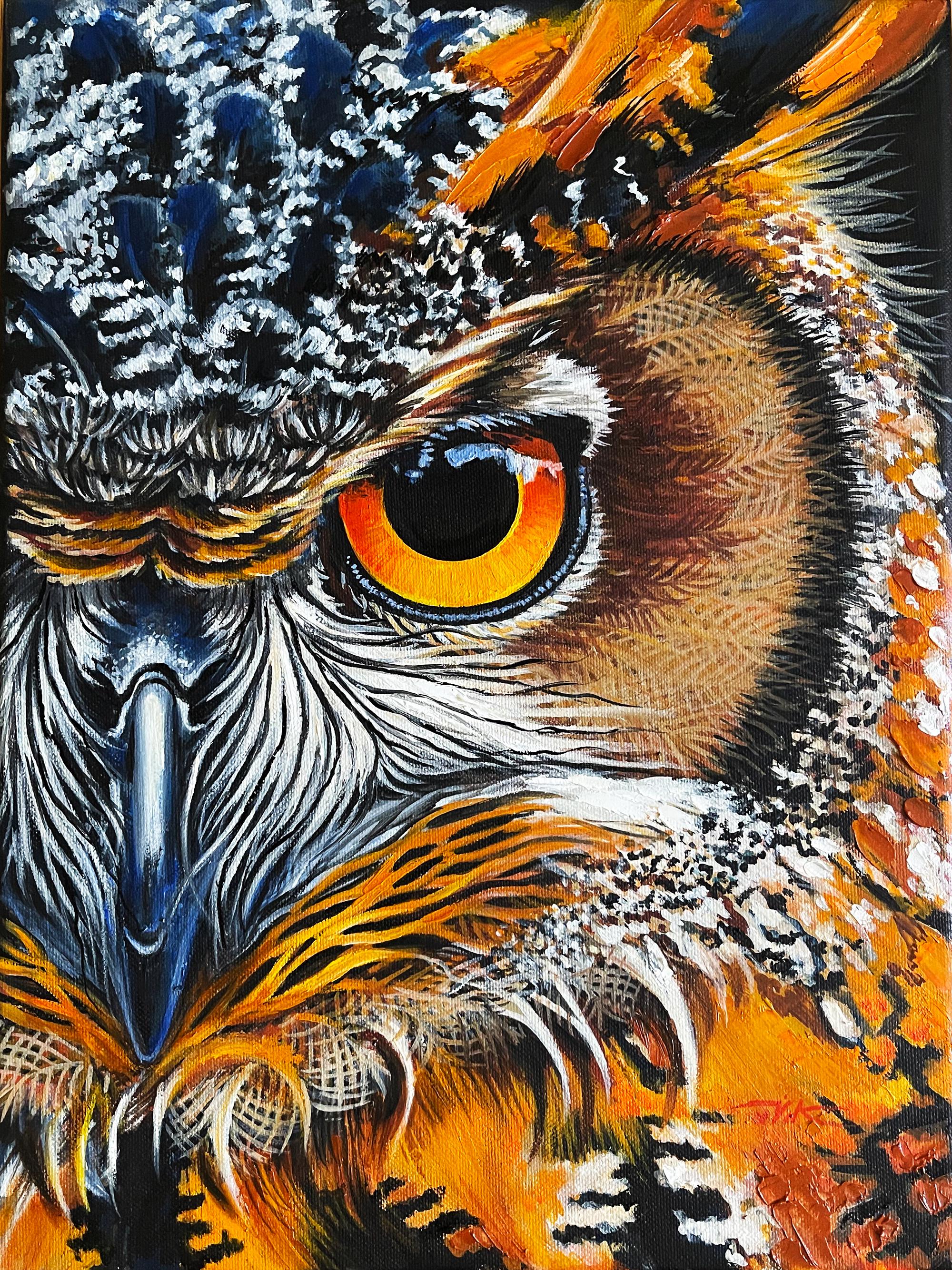 Original Owl Oil Painting: Colorful Bird Portrait, Canvas Wall Art (16x12 inches)