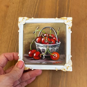 Original Cherry Oil Painting: Miniature Framed Hyperrealism Art