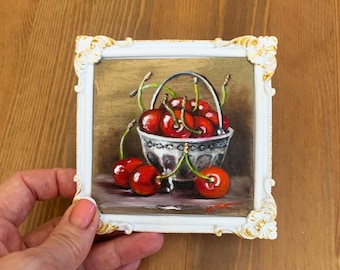 Original Cherry Oil Painting: Miniature Framed Hyperrealism Art