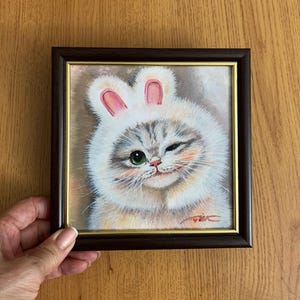 Funny Cat Fluffy Bunny Oil Painting Framed Wall Art Handmade Painting