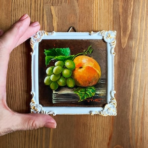 Vintage Framed Miniature Oil Painting: Peach and Grapes Still Life
