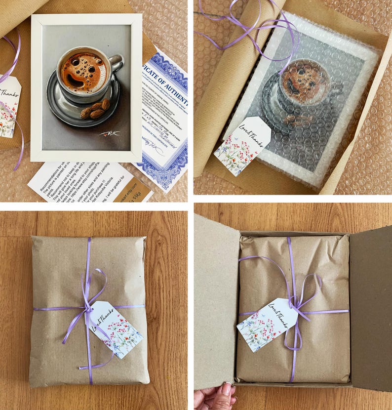 May include: A framed artwork of a coffee cup with a detailed drawing of the coffee and saucer. The artwork is packaged in brown paper with a purple ribbon and a "Loved Thanks" tag. A certificate of authenticity is also included.