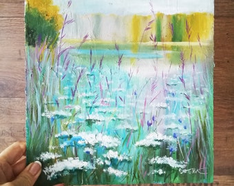 Original Wildflower Meadow Oil Painting: Impasto Palette Knife Art (10x10)