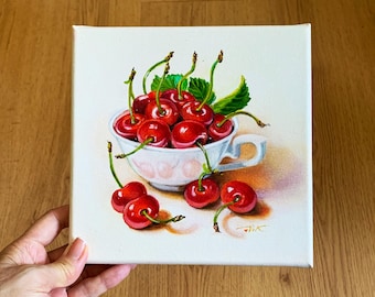 Original Cherry Oil Painting: Hyperrealism Fruit Artwork (8x8)
