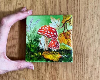 Fly Agaric Mushroom Painting: Small Original Oil Art, 4x4