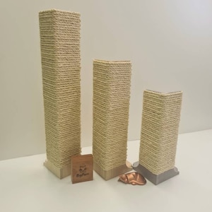 May include: Three cat scratching posts of different heights. The posts are rectangular, wrapped in natural rope, and have wooden or grey bases. A small wooden box with a cat logo and a copper-coloured cat-shaped bed are also present.