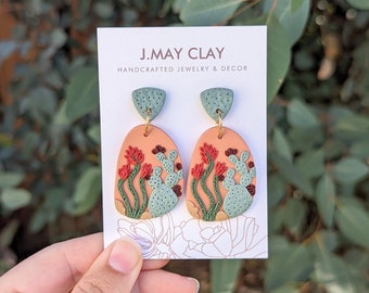 Prickly Pear & Ocotillo Desert Landscape - Polymer Clay Earrings (Hypoallergenic, Lightweight, Nopales Cactus, Sage, Coral, Dangle)