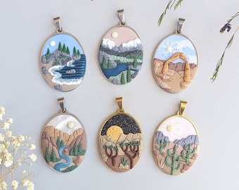 Custom *NATIONAL PARK* Oval Pendant Necklace - Handcrafted with Polymer Clay (18 in. Necklace Chain *Included*)