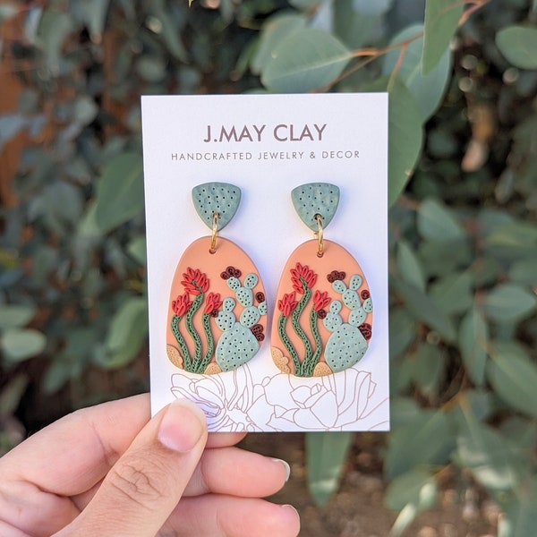 Prickly Pear & Ocotillo Desert Landscape - Polymer Clay Earrings (Hypoallergenic, Lightweight, Nopales Cactus, Sage, Coral, Dangle)