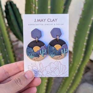 MIDNIGHT Desert Landscape Earrings...(Polymer Clay, Hypoallergenic, Lightweight, Full Moon, Purple Mountains, Blue Saguaros)