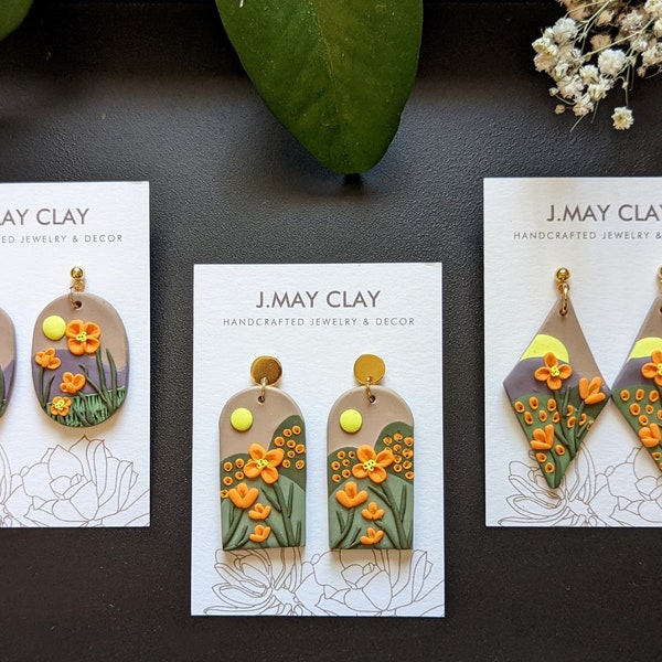 SUPER BLOOM Golden Poppies - Polymer Clay Dangle Earrings (hypoallergenic, lightweight)