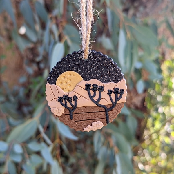 JOSHUA TREE National Park *Full Moon Night Sky* Clay Holiday Tree Ornament (Handmade, Lightweight, Home Decor, Car Mirror Accessories)