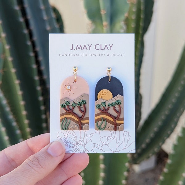 MIX or MATCH Joshua Tree National Park Polymer Clay Earrings - Night & Day! (Handmade, Hypoallergenic, Lightweight, Moon, Desert Landscape)