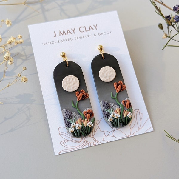 Full Moon Desert Wildflower Earrings - Black and Grey Ombre Ovals (Polymer Clay, Hypoallergenic, Lightweight - Poppies, Daisies, Lavender)