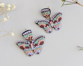 COLORFUL BUTTERFLY EARRINGS - (Handmade, Polymer Clay, Hypoallergenic, Lightweight, Spring, Butterflies, Lavender, Teal, Maroon)
