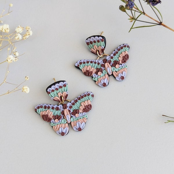 COLORFUL BUTTERFLY EARRINGS - (Handmade, Polymer Clay, Hypoallergenic, Lightweight, Spring, Butterflies, Lavender, Teal, Maroon)