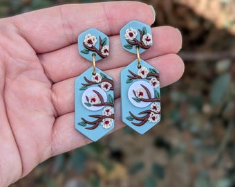 Hexagon Cherry Blossom Earrings - Polymer Clay Earrings - Floral Earrings (Handmade, Hypoallergenic, Lightweight, Flowers)
