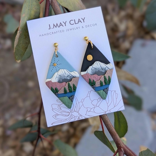 DAY & NIGHT Mountain Landscape Earrings - Handmade Polymer Clay Earrings (Hypoallergenic, Lightweight, Hiking, Outdoors, Camping)