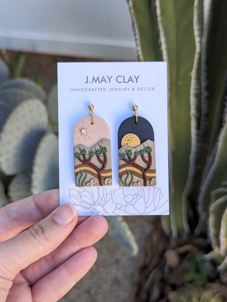 MIX or MATCH Joshua Tree National Park Polymer Clay Earrings Night & Day Handmade, Hypoallergenic, Lightweight, Moon, Desert Landscape image 2