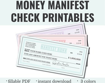 2024 Money Manifest Check Printable in Ocean Blue Green (blank check editable PDF template)
