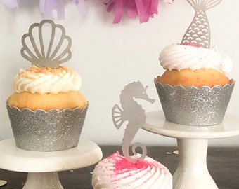 Under the sea cupcake toppers SVG// Mermaid seashell sea horse cupcake toppers SVG// glowforge Laser cut file