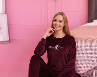 Burgundy Velvet Pajama Set - Women's Cotton Loungewear