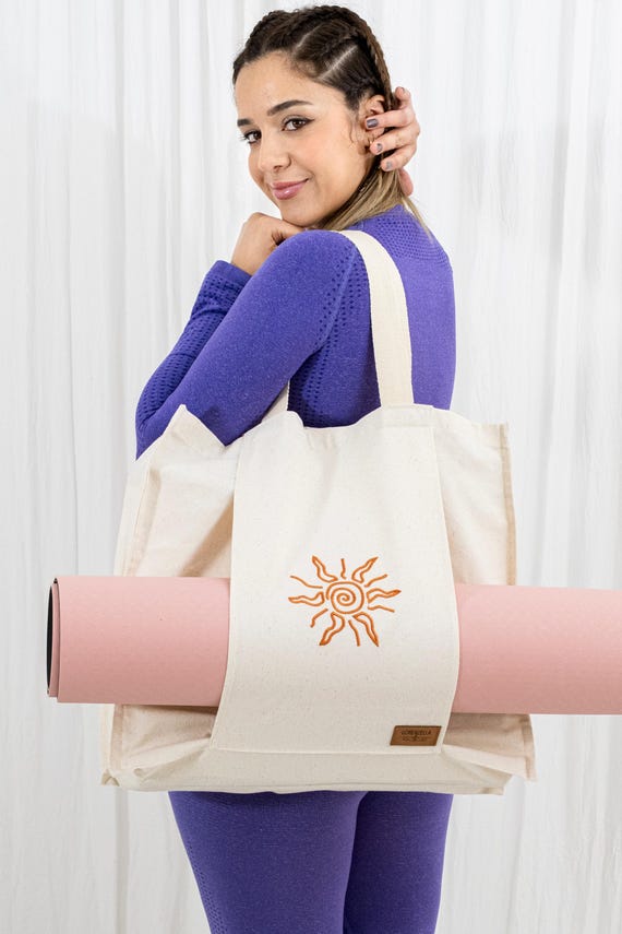 Sun Embroidered Yoga Mat Carrier | Boho Pilates Tote Bag | 100% Cotton Canvas Gym Bag | Wellness Gift for Yoga Lovers