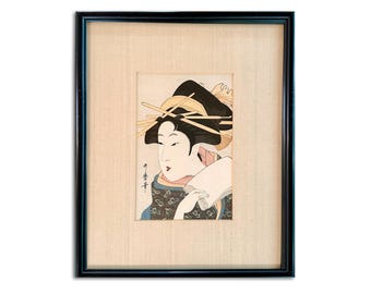 1970s Utamaro Woodblock Print, Framed