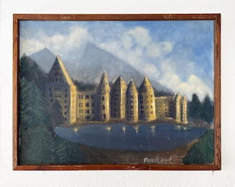 Original Midcentury Chateau Lake House Painting, Signed Paukert