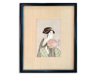 1970s Utamaro Woodblock Print, Framed