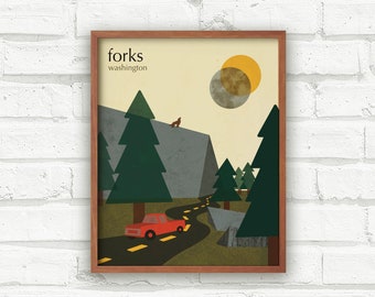 Forks Travel Poster, Twilight Inspired Art Print, Subtle Bookish Art, Mid Century Modern Art Print