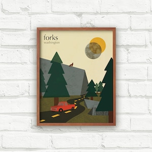 Forks Travel Poster, Twilight Inspired Art Print, Subtle Bookish Art, Mid Century Modern Art Print