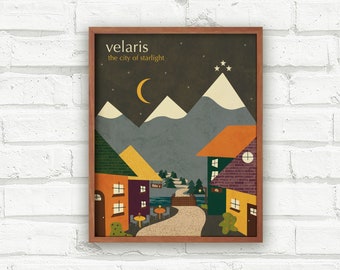 ACOTAR Inspired Art Print, Velaris Travel Poster, A Court of Thorns and Roses, Mid Century Modern Art Print, Minimal Bookish Decor