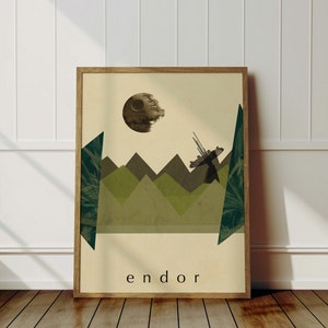 Star Wars Kunstdruck, Endor Reiseplakat, Mid Century Modern, Retro Wandkunst, minimalistisches Dekor