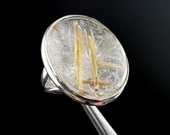 Rutilated Quartz Crystal Ring, Encoded To God Frequency/Christ Consciousness Silver Ring Women/Mens Ring Spiritual Gift, Encoded #K115