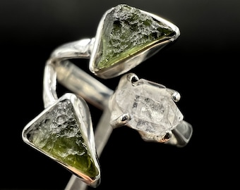 Moldavite Crystal Ring With Herkimer Diamond. Cosmic Warrior For Starseeds On A Mission, Handmade Jewelry. THOTH & LYRA #K212