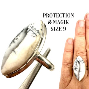 MERLINITE CRYSTAL RING Encoded to Merlin, Shield Intuition, Silver Ring Crystal Ring Gemstone Ring Gift for Her Sz 9 Dendritic Opal #398