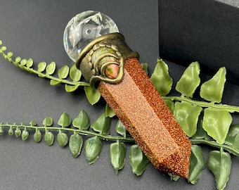 Goldstone Crystal Wand, Clear Quartz Sphere & Unakite Detail, Handcrafted Ritual Piece, Artisan Gemstone Wand, Collector Piece #H208