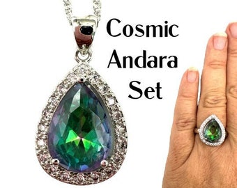 CRYSTAL JEWELRY SET. Cosmic Andara Crystal Necklace and Ring. Sz. 7 Starseed Self Care Gift. Gift for Her, Authentic Andara  #322