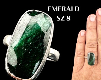 Emerald Crystal Ring Encoded To Thoth God of Magik/Moon Silver Ring Sz 8 Gift for Her, Spiritual Gift Encoded Crystal Jewellery #1875