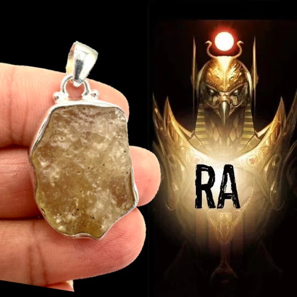 LIBYAN DESERT GLASS Crystal Necklace Encoded To Ra, God of Manifestation/Protection 5.6 gr. Silver Necklace. Gift for Him Raw Crystal #2258