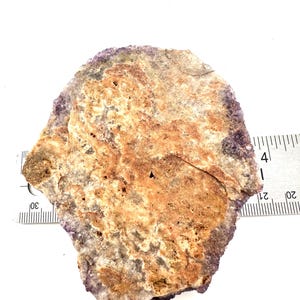 May include: A close-up of a purple and brown agate stone with a rough, natural texture. The stone is approximately 4 inches wide and is sitting on a white surface.