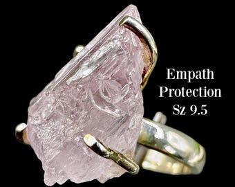 PINK KUNZITE RING Empath Encoded/Shield Silver Ring Sz 9.5 Metaphysical Encoded Crystal Jewelry Women/Mens Ring, Raw Crystal #1705