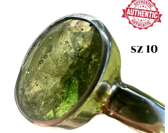 Moldavite Crystal Ring Size 10 Sterling Silver Authentic Czech Moldavite Mens Spiritual Jewelry Gift with Certificate #363