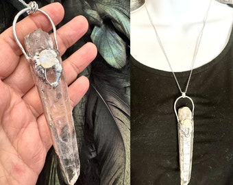 LEMURIAN QUARTZ NECKLACE With Moonstone, Guardian Angel Jewelry. Handmade Jewelry, Gift for Mom. Healing Crystals, Silver Necklace #925