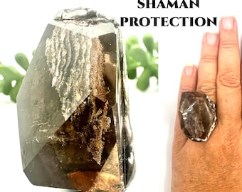 SHAMANIC DREAM QUARTZ Ring Adj. Handmade By Our Shaman For Protection Statement Ring Mens Ring, Lodolite, Garden Quartz #702