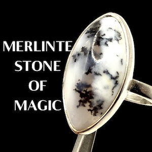 MERLINITE CRYSTAL RING Silver Ring Encoded To Merlin For Evil Eye Shield Gift for Her Dendritic Opal Sz.8 Stone of Magik Men&#39;s Ring 1751