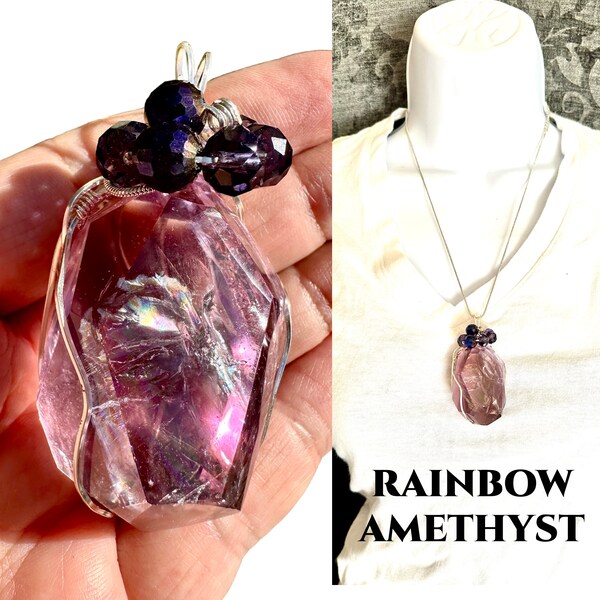 AMETHYST CRYSTAL NECKLACE Encoded To St Germain/Violet Flame. Rainbow Crystal. Handmade Jewelry, Reiki, SIlver Necklace Gift for Mom #1854